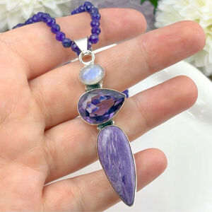 Amethyst Moonstone Charoite Pendant Necklace Southwest Boho Vintage New 925